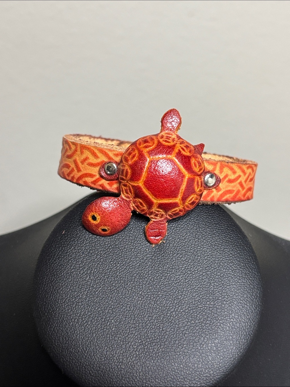 Handcrafted Leather Turtle Cuff in Red and Orange